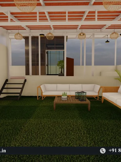 This 3D concept shows a cozy rooftop lounge with artificial grass flooring and a tiled roof pergola. We use these renders to finalize material choices and furniture layout with our clients.