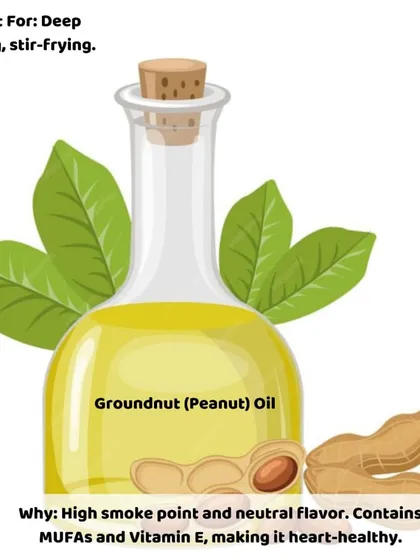 A guide to cooking oils: Groundnut (peanut) oil has a high smoke point and neutral flavor, making it perfect for deep frying and stir-frying. It contains heart-healthy fats and Vitamin E.