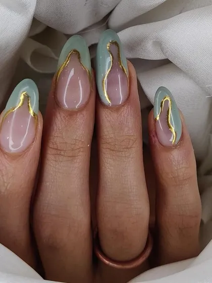 A minimalist design with a negative space look, featuring a pastel green color outlined in gold.