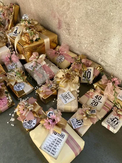 Milestones deserve to be celebrated in style. We excel at creating large, coordinated gift sets for special occasions, like this collection for a 40th birthday, where every package is personalized and exquisitely wrapped to make the recipient feel truly honored.
