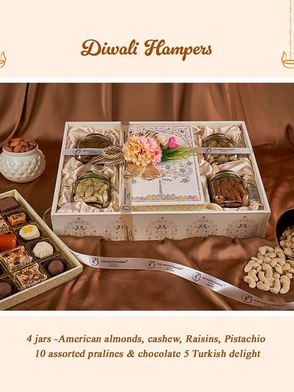 This beautifully arranged gift box is perfect for grand festive gestures. It contains four jars of assorted dry fruits, including American almonds and pistachios, plus 10 assorted pralines and 5 pieces of Turkish delight.