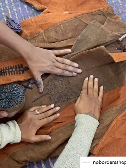 For this collaboration with No Borders, we experimented with printing on rare bark cloth. Our artisans used natural black dye to print nature-inspired motifs onto these statement jackets, bringing two ancient craft worlds together.