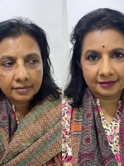 It is a joy to teach makeup techniques for mature skin. This is a real, unedited before and after, focusing on creating a smooth, matte base that enhances features gracefully without settling into fine lines.