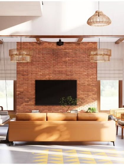 This render shows the view from the courtyard into the living space of the South Bangalore duplex. The design uses Kota stone flooring and a central tree to create a seamless connection between the interior and a natural, earthy feel.