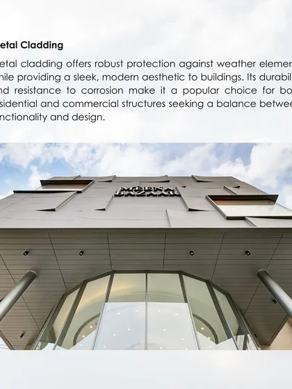 An infographic on metal cladding, which offers robust protection against weather while providing a sleek, modern aesthetic. Its durability and corrosion resistance make it a popular choice for both residential and commercial structures.