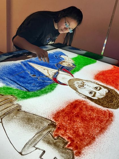 The completed sand art piece for chess champion Gukesh Dommaraju. These tributes are my way of congratulating those who bring pride to India on the world stage.