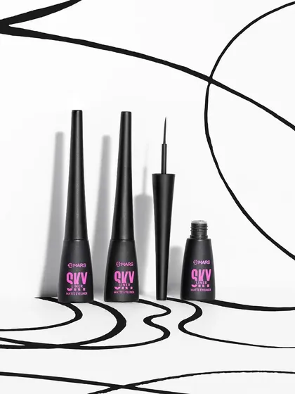 A graphic and bold product shot for an eyeliner, with abstract black lines in the background that mimic the product's use.