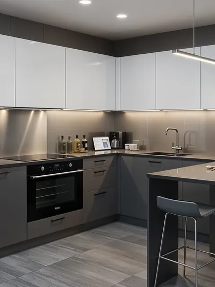 This two-tone kitchen pairs matte grey lower cabinets with glossy white uppers. This is a great strategy to ground the space while keeping it feeling light and airy. The small breakfast bar adds a casual dining spot.