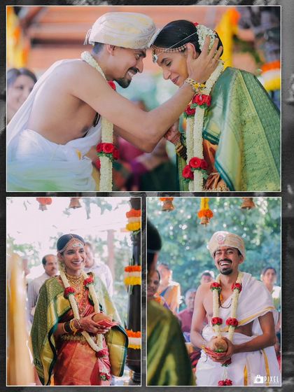 A collage of happy moments from the ceremony, including the first look and the exchange of coconuts.