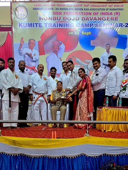 Another moment of felicitation at the Kumite training session in Davanagere. Community support is essential for the growth of martial arts.