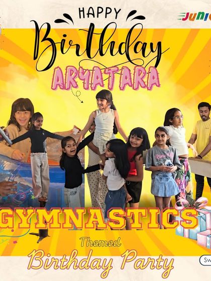 Happy Birthday, Aryatara. A special graphic celebrating her gymnastics-themed party, a day of twirls, balance, and endless fun.