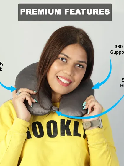 A feature-focused infographic for a neck pillow, pointing out its sturdy hook, 360-degree support, and snap button.