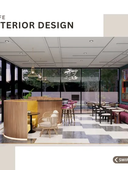 Here is a wide view of a modern cafe interior I designed. The goal was to create a dynamic yet comfortable atmosphere by using large glass walls for natural light, a mix of seating options like curved booths and intimate tables, and a bold, geometric floor pattern to guide customer flow.