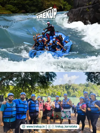A collage showing the excitement of river rafting in Dandeli and the happy faces of our group, fully geared up and ready for action.