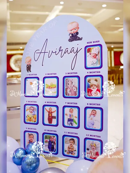 A "One Year of Aviraaj" milestone board from the Boss Baby party. This custom display showcases photos from the baby's first twelve months in a themed and stylish format.