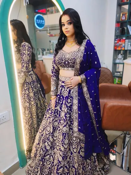 Another angle of this stunning party look, showing how the makeup looks from a distance. The entire ensemble is perfect for a wedding guest or sangeet.
