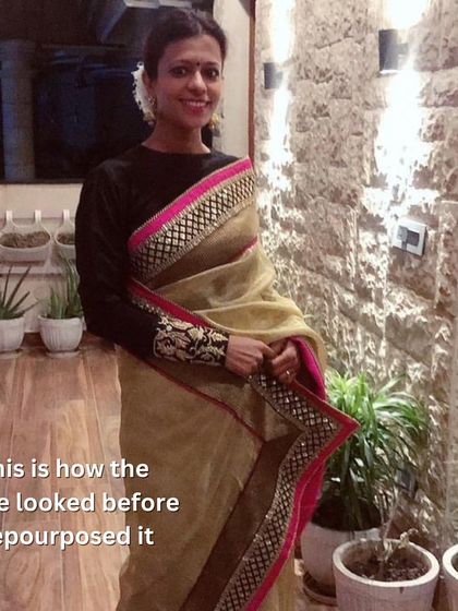 This is how my 15-year-old golden tissue saree looked before I repurposed it for Diwali, proving that sustainable style is always in fashion.