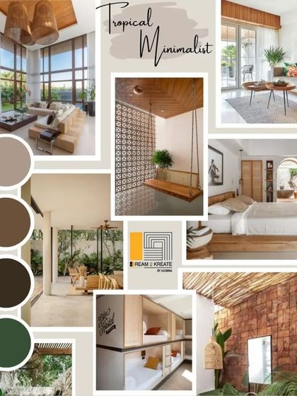 A tropical minimalist mood board that blends the simplicity of minimalism with the refreshing energy of tropical elements like natural wood and indoor plants.