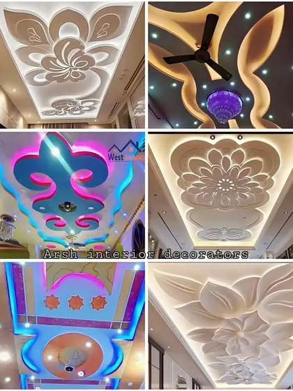 A stunning collection of floral and nature-inspired false ceiling designs. These examples showcase 3D flowers, flowing petal shapes, and starry night effects for a touch of organic beauty.