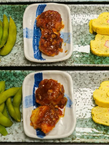 A top-down view of our Sanmi no Kyouen plates, ready to be served. This is a great way to sample a few different flavors and textures at once.