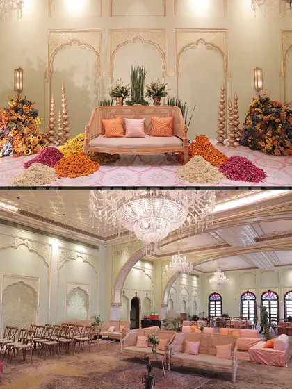 The Chooda ceremony was a picture of understated elegance. The pastel green and pink decor, combined with grand crystal chandeliers, perfectly captured the emotional essence of the ritual.