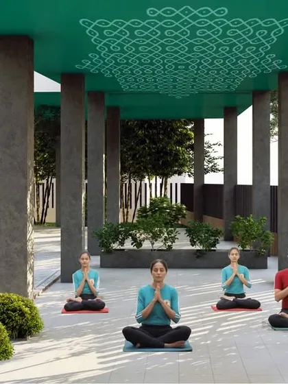 A conceptual render from our proposed Velachery Lakefront development, envisioning a serene public space for wellness activities like yoga. This design integrates cultural motifs and natural landscaping to create a tranquil urban sanctuary.