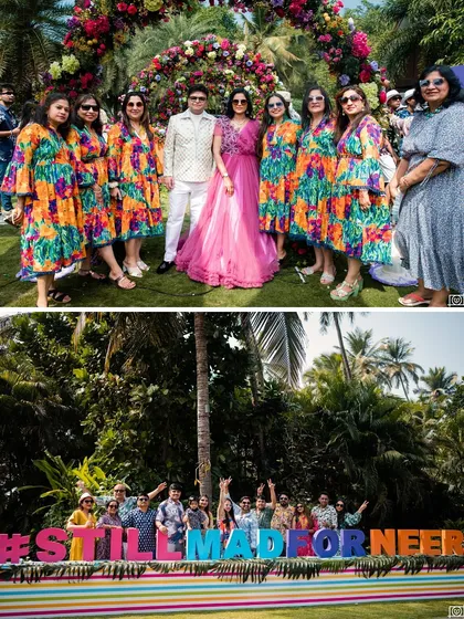 This collage captures the vibrant, tropical theme of a 25th-anniversary party. It shows the bridesmaids in matching colorful dresses and a fun group photo with the custom #StillMadForNeer hashtag installation.