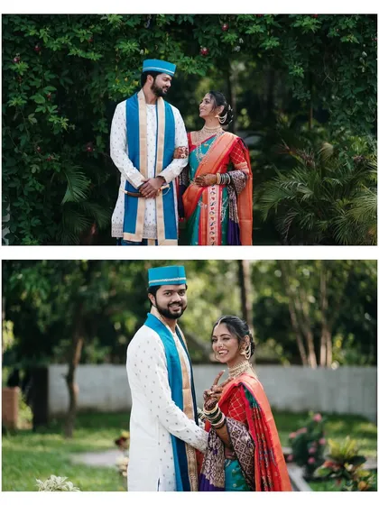 A collage of the couple in a lush garden setting. These portraits showcase their beautiful, coordinated Marathi wedding attire and the happy connection between them.