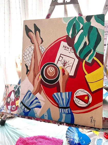 The finished coffee themed painting from a workshop, a stylish piece of art that anyone can create with my guidance.