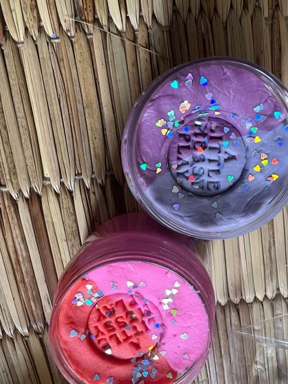 A close-up of our special Valentine's playdough. We make it ourselves to be extra soft and non-toxic, and we even add a little sparkle for extra fun.