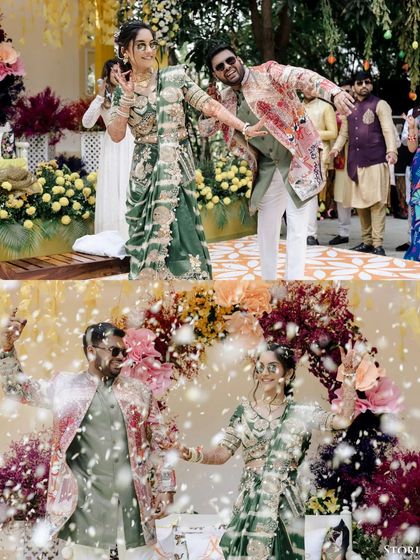 A collage capturing the lively dance entrance of Avi and Anushka at their Haldi, surrounded by performers.