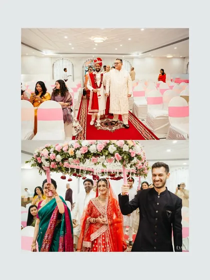 A collage showing the groom's entrance and the bride walking under the phoolon ki chadar. These are the beautiful, traditional beginnings of the wedding ceremony.