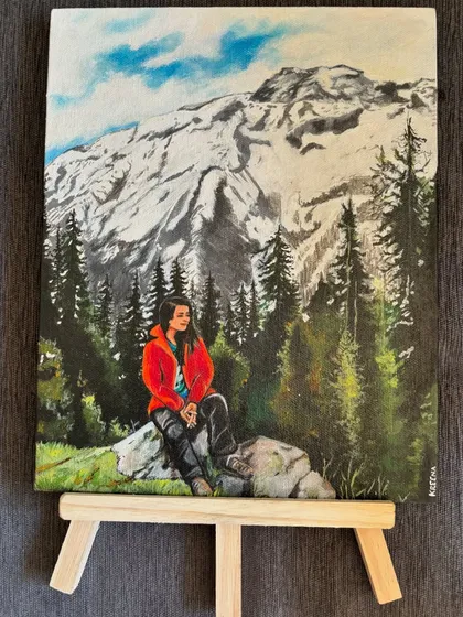 I also paint memories on canvas. This piece was commissioned from a client's travel photograph, capturing a serene moment in the mountains. It's a way to hold onto a special memory forever, turning it into a beautiful piece of home decor.