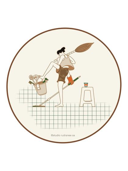 This humorous illustration captures the chaos of 'Sunday cleaning' powered by coffee. It's a relatable and lighthearted piece of art created to connect with a cafe's customers on a personal level.