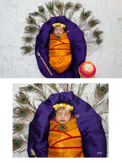 This image shows a closer look at the details from Krishiv's newborn Kanha session. I focus on capturing these serene moments, with the floral crown and gentle swaddle creating a divine and peaceful portrait of your sleeping baby.