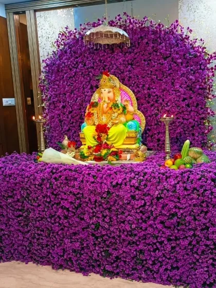 A throwback to one of my favorite projects. This grand mandap was created using thousands of fresh purple flowers, creating a stunning, vibrant, and fragrant space to welcome Bappa.