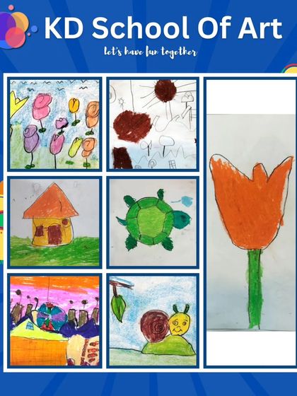 Collages showing the amazing variety of oil pastel drawings from our classes, from flowers and animals to landscapes and festive themes.