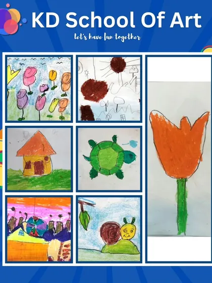 Collages showing the amazing variety of oil pastel drawings from our classes, from flowers and animals to landscapes and festive themes.