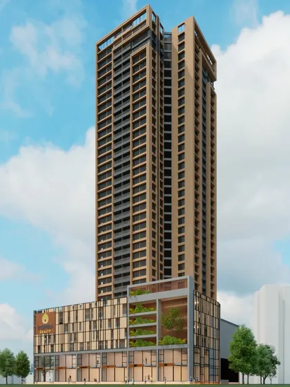This render presents our design for a 120-meter high-rise tower in Borivali. The building's earth-tone palette and integrated green facade elements demonstrate our approach to harmonizing contemporary verticality with natural design principles in a dense urban environment.