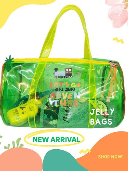 Let's go on an adventure. This green jelly duffle bag is lightweight, waterproof, and spacious enough for all your kid's essentials.