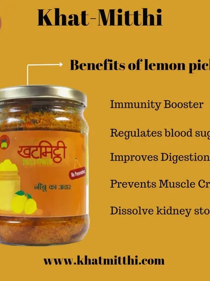 A jar of my lemon pickle, with a list of its amazing health benefits. Taste and health go hand in hand in my kitchen.