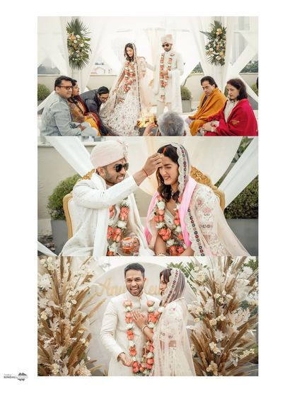 A collage of a beautiful daytime wedding ceremony. The images show the couple during the pheras and exchanging garlands under an elegant white mandap.