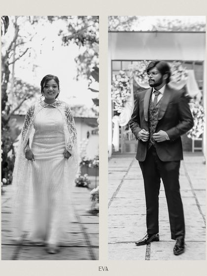 A classic black and white diptych of the bride and groom, capturing their stylish engagement looks.