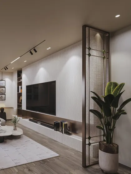 A family lounge in a Kasauli villa, designed for comfort. The render focuses on the textured wall panels, cozy sectional sofa, and integrated media unit.