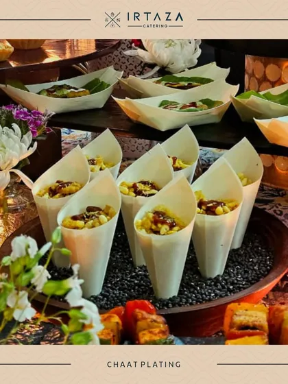 Chaat served in eco-friendly paper cones and leaf bowls. This shows my ability to provide stylish and sustainable serving solutions for outdoor or casual events.