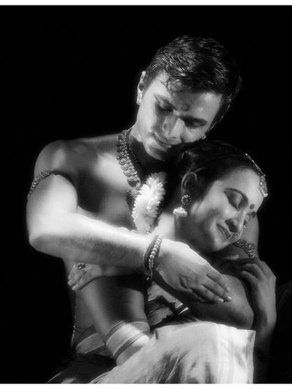 An intimate black and white moment from 'Nagamandala', focusing on the tender and emotional aspect of the story. Abhinaya is just as important as the grand, powerful movements.
