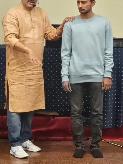 Here I am demonstrating an energy-clearing technique on a volunteer during my workshop. These practical demonstrations help everyone understand how to apply the remedies themselves.