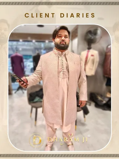 A client looking elegant in a layered pink Indo-Western outfit. The subtle pattern and soft color are perfect for a festive daytime event.