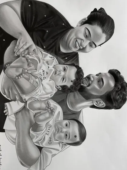 A beautiful family captured in a custom A3 charcoal sketch. I focused on the joyful interactions between the parents and their twin babies, creating a piece full of love and connection.