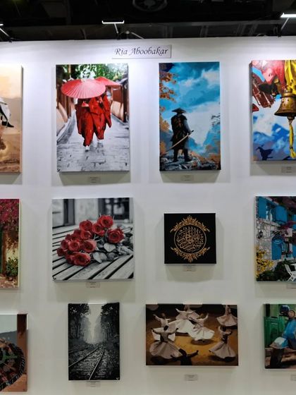 A full display of artworks by Ria Aboobakar at our World Art Dubai booth. This highlights how we provide a comprehensive platform for our artists to present their collections to an international audience.